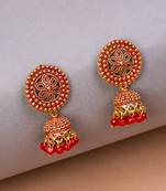 Gold Plated & Red Round Shape Jhumka Earring.