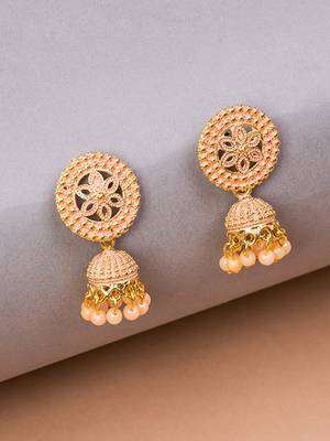 Gold Plated & Peach Round Shape Jhumka Earring. 4