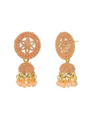 Gold Plated & Peach Round Shape Jhumka Earring. 5