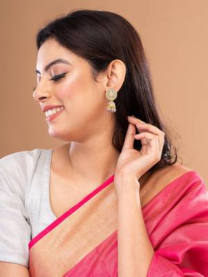 Gold Plated & Grey Round Shape Jhumka Earring. 1