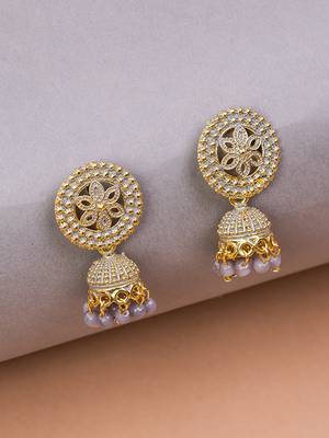 Gold Plated & Grey Round Shape Jhumka Earring. 4