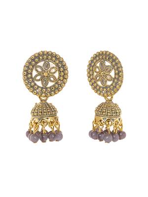 Gold Plated & Grey Round Shape Jhumka Earring. 5