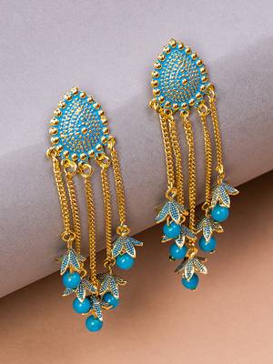 Gold plated & Blue Oval Shaped Drop Earrings. 4