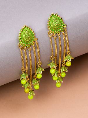 Gold plated & Green Oval Shaped Drop Earrings, secured with post and back closure. 4