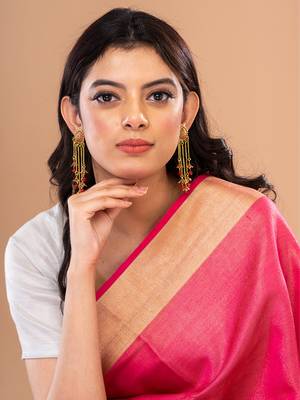 Gold plated & Red Oval Shaped Drop Earrings, secured with post and back closure. 3