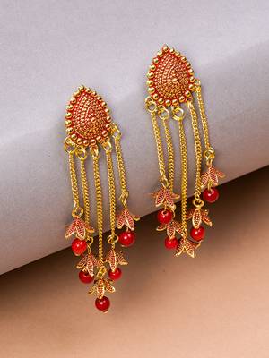 Gold plated & Red Oval Shaped Drop Earrings, secured with post and back closure. 4
