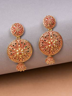 Golden & Red Circular Drop Earrings, secured with post and back clouser 4