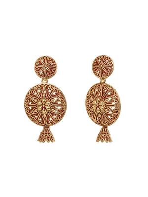 Golden & Red Circular Drop Earrings, secured with post and back clouser 5