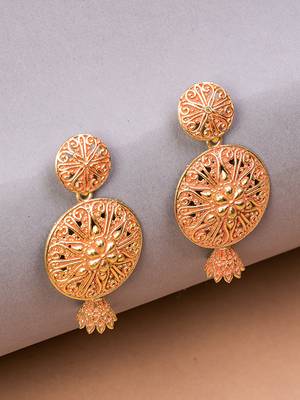 Golden & Peach Circular Drop Earrings, secured with post and back clouser 4