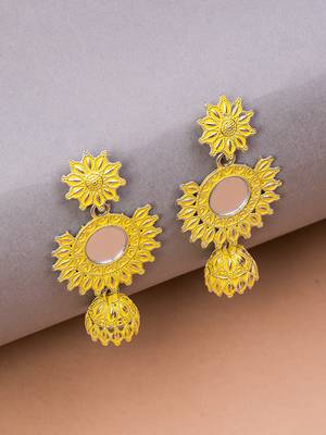 Silver & Yellow  Circular Drop Earrings, secured with post and back clouser. 4