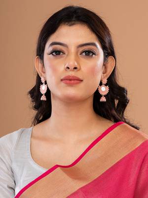 Silver & Peach Circular Drop Earrings, secured with post and back clouser. 3