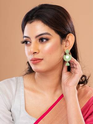Silver & Green Circular Drop Earrings, secured with post and back clouser. 1