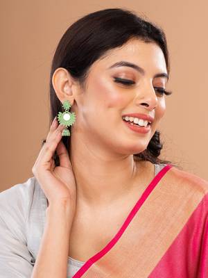 Silver & Green Circular Drop Earrings, secured with post and back clouser. 2