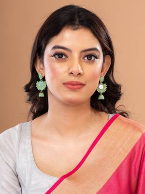 Silver & Green Circular Drop Earrings, secured with post and back clouser. 3