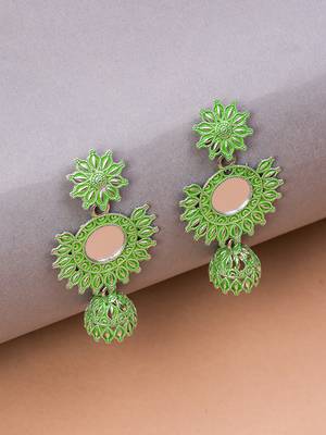 Silver & Green Circular Drop Earrings, secured with post and back clouser. 4