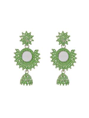 Silver & Green Circular Drop Earrings, secured with post and back clouser. 5