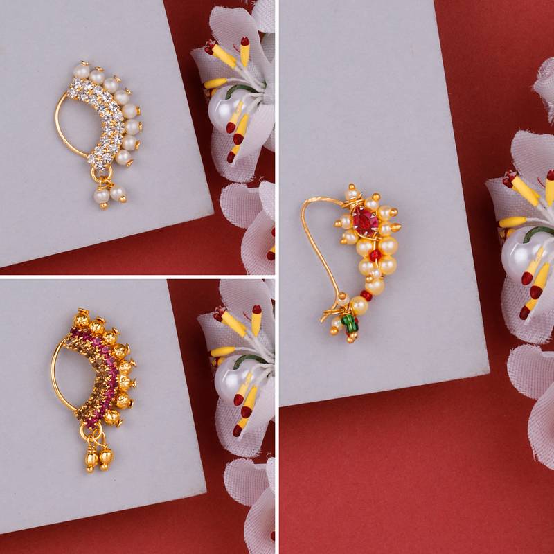 Traditional Maharashtrian Nath Nose Ring Pack of 3 for Women and Girls