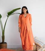 Orange muslin Shirt paired with Purple embroidered pants