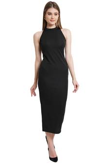 Popwings Women Bodycon Black Halter Neck Long Sheath Dress