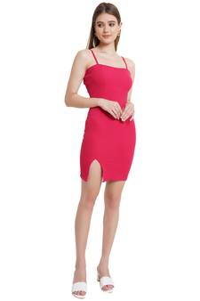 Popwings Women Casual Pink Solid Bodycon Front Slit Mini Noodle Strap Dress