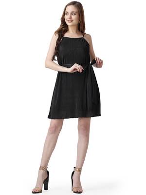 Popwings Women Casual Black Solid Wrinkle Design Tie-Belt Knee Length Dress 1