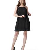 Popwings Women Casual Black Solid Wrinkle Design Tie-Belt Knee Length Dress