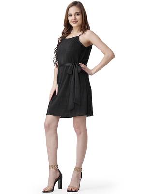 Popwings Women Casual Black Solid Wrinkle Design Tie-Belt Knee Length Dress 2