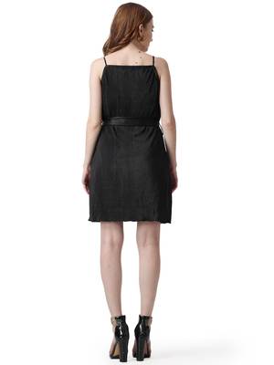 Popwings Women Casual Black Solid Wrinkle Design Tie-Belt Knee Length Dress 5