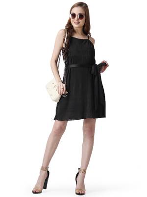 Popwings Women Casual Black Solid Wrinkle Design Tie-Belt Knee Length Dress 6