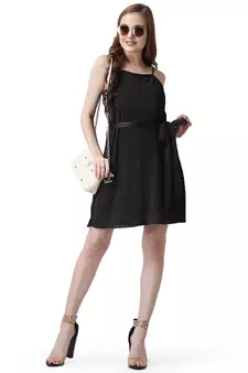 Popwings Women Casual Black Solid Wrinkle Design Tie-Belt Knee Length Dress