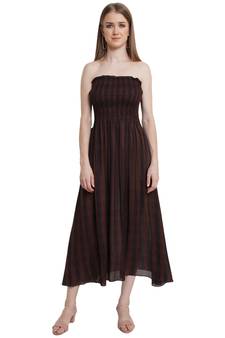Popwings Women Brown Stripe Printed Off Shoulder Rayon Long Maxi Dress