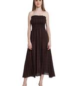 Popwings Women Brown Stripe Printed Off Shoulder Rayon Long Maxi Dress