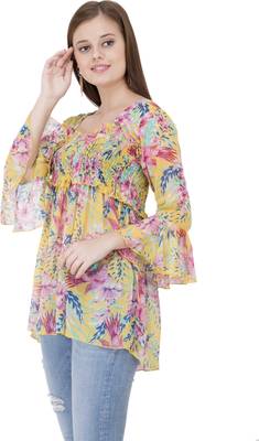 Popwings Yellow  Pink Floral Print Smocked Chiffon Empire Top 2