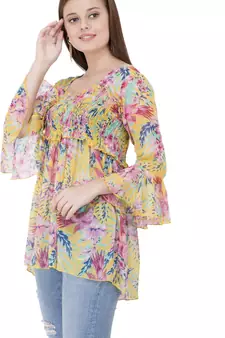 Popwings Yellow  Pink Floral Print Smocked Chiffon Empire Top