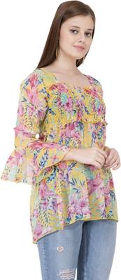 Popwings Yellow  Pink Floral Print Smocked Chiffon Empire Top 3