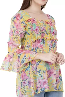 Popwings Yellow  Pink Floral Print Smocked Chiffon Empire Top