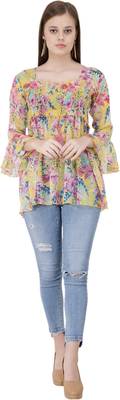 Popwings Yellow  Pink Floral Print Smocked Chiffon Empire Top 4