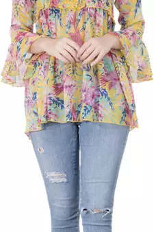Popwings Yellow  Pink Floral Print Smocked Chiffon Empire Top