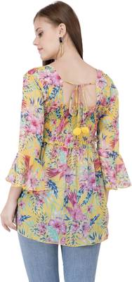 Popwings Yellow  Pink Floral Print Smocked Chiffon Empire Top 5