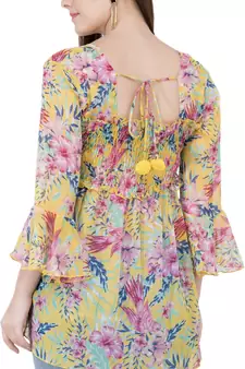 Popwings Yellow  Pink Floral Print Smocked Chiffon Empire Top