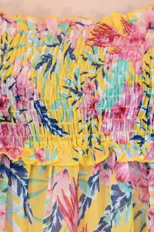 Popwings Yellow  Pink Floral Print Smocked Chiffon Empire Top