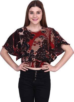 Popwings Black  Coffee Brown Floral Print Smocked Blouson Crop Top 1