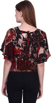 Popwings Black  Coffee Brown Floral Print Smocked Blouson Crop Top 2