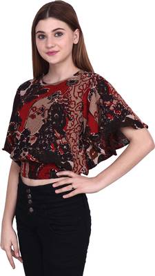 Popwings Black  Coffee Brown Floral Print Smocked Blouson Crop Top 3