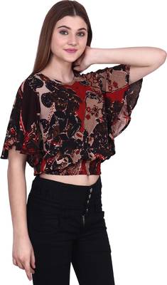 Popwings Black  Coffee Brown Floral Print Smocked Blouson Crop Top 4