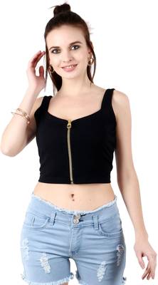 Popwings Women Black Sweetheart Neck Zip Bralette Crop Top 1