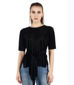 Popwings Women Casual Black Wrinkle Cinched Waist Top