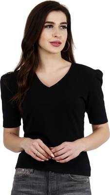Popwings Women Casual Black Puff Sleeves V Neck Solid Top 1