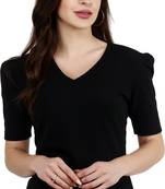 Popwings Women Casual Black Puff Sleeves V Neck Solid Top