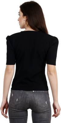 Popwings Women Casual Black Puff Sleeves V Neck Solid Top 2